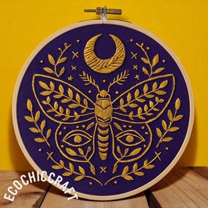 Boho Moth Embroidery Hoop Art – Mystic Moon Wall Decor, Gold Hand Embroidered Art, Witchy Home Decor, Celestial Embroidery Gift