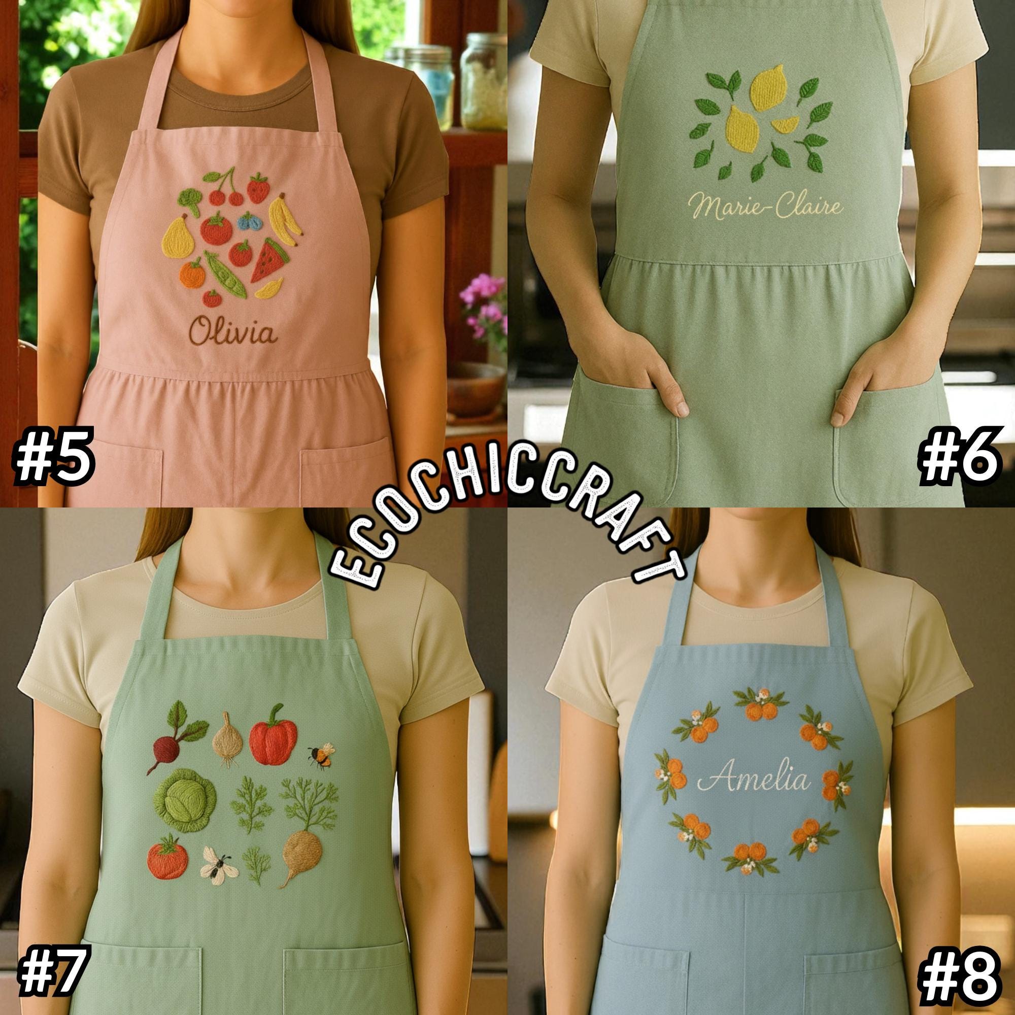 手刺繍のフルーツシェフエプロン、キッチンクッキングエプロン、イチゴ