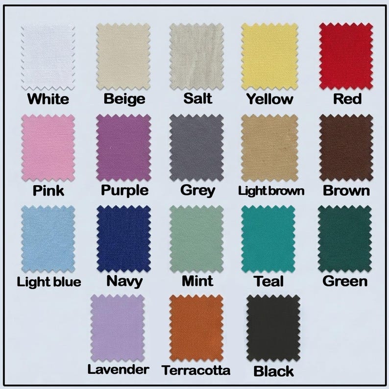 May include: A grid of seventeen square fabric swatches with pinked edges, each labeled with its color name: White, Beige, Salt, Yellow, Red, Pink, Purple, Grey, Light brown, Brown, Light blue, Navy, Mint, Teal, Green, Lavender, Terracotta, and Black.