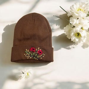 Handmade Floral Embroidered Beanie - Custom Color Daisy Rose Sunflower Wildflower Wool Headwear, Christmas gift, Boho Women Winter Hat image 14