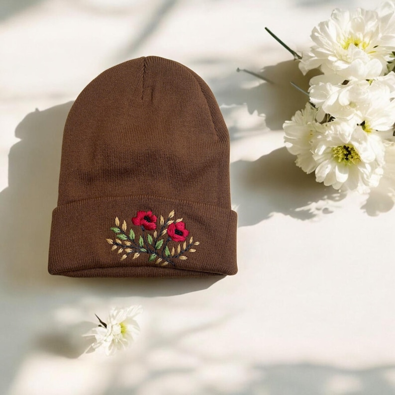 Handmade Floral Embroidered Beanie - Custom Color Daisy Rose Sunflower Wildflower Wool Headwear, Christmas gift, Boho Women Winter Hat image 14