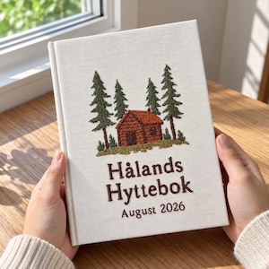Handbroderad gästbok till stuga, anteckningsbok till fjällstuga, gästbok till semesterhus, personlig anteckningsbok, välkomstpresent till stug