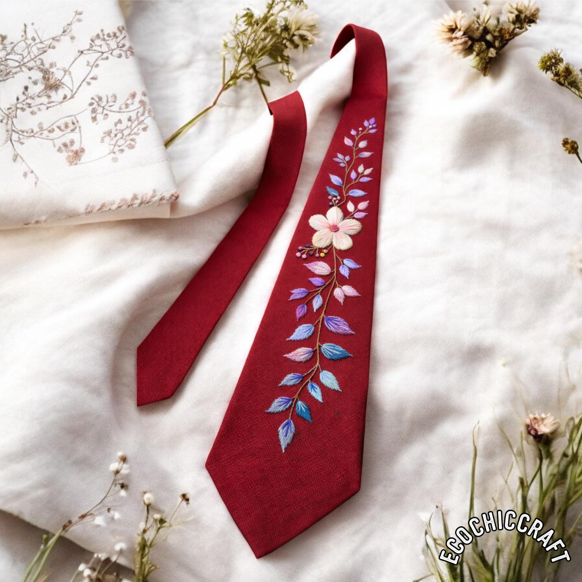 Flower Necktie for Men Women, Artistic Cravat, Floral Embroidery, Nature Lover Custom Linen Wedding Tie, Unique Father Groom Bestman Gift
