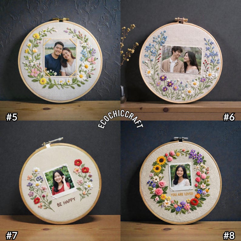 Floral Embroidery Hoop Art With Photo Frame, Hand Embroidered Flower ...