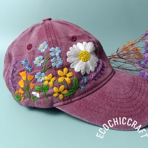 Personalized Name Hand Embroidered Hat, Daisy and Wildflower Embroidered Baseball Cap, Gift for Her With Unique Design