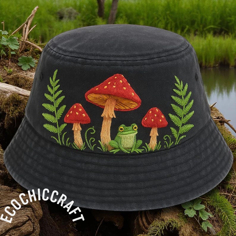 Hand Embroidered Bucket Hat with Frog and Mushroom, Cottagecore Forest Hat, Toadstool Aesthetic Cap, Naturecore Gift, Fairycore Summer Hat image 8