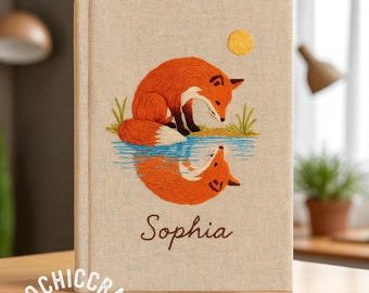 Personalized Embroidered Fox Notebook – Custom Linen Journal with Hand-Stitched Fox – Unique Gift for Fox Lovers and Nature Enthusiasts