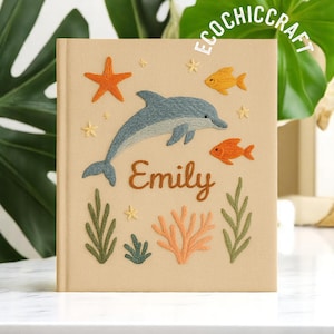 Dolphin Embroidered Journal A5 – Handcrafted Ocean Themed Notebook, Personalized Wedding Guest Book, Custom Gift for Dolphin Lovers