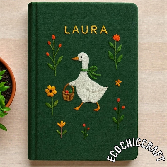 Hand Embroidered Goose Notebook, Cute Animal Journal, Handmade Sketchbook, Goose Stationery Gift, Cottagecore Writing Diary Guestbook