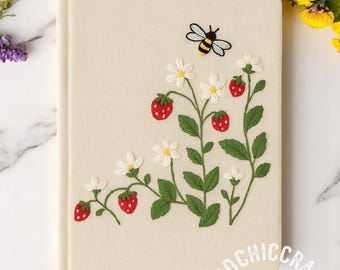 Bee and Strawberry Embroidered Journal - A5 Personalized Notebook, Cute Guest Book, Cottagecore Diary, Garden Wedding Book, Handmade Gift