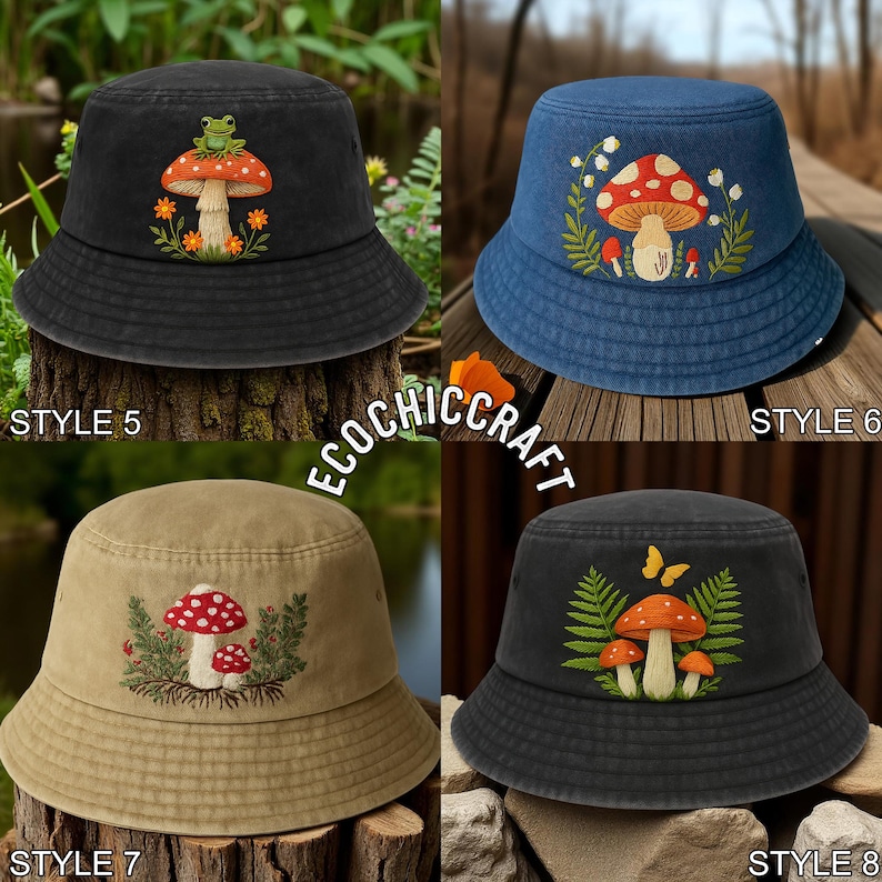 May include: Four bucket hats labeled Style 5, 6, 7, and 8. Style 5 is black with a frog on a mushroom. Style 6 is blue with a mushroom and lily of the valley. Style 7 is tan with two mushrooms. Style 8 is dark gray with mushrooms, ferns, and a butterfly.