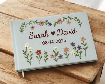 Wildflower Embroidered Journal, Personalized Wedding Guest Book, Hand Stitched Floral Notebook, Custom Diary, Rustic Wedding Memory Book