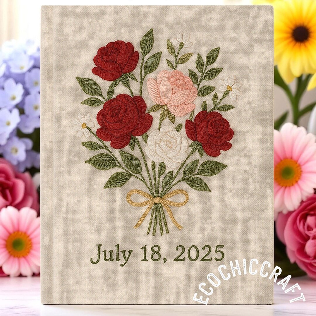 Rose Ribbon Journal Custom Embroidered Rose Bouquet Journal – Handmade Linen Notebook With ...