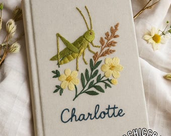 Cuaderno con bordado a mano de insectos, mantis y saltamontes, regalo con bordado de grillo o insecto, libro de recuerdos de la naturaleza, regalo para amantes de la entomología