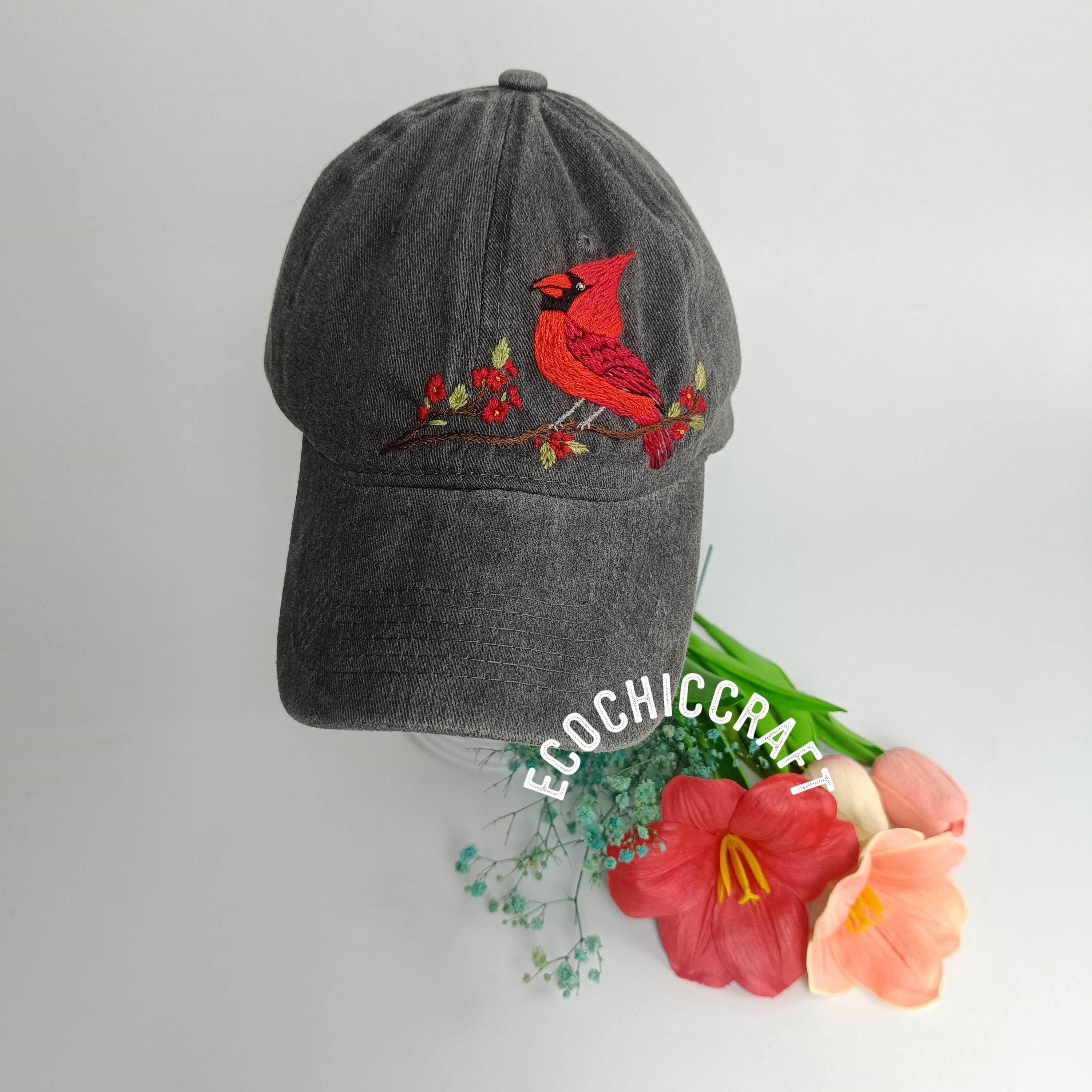 Custom Embroidered Cardinal Hat – Red Bird and Flower  display picture 2
