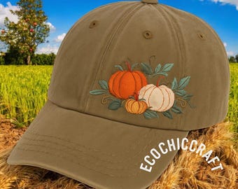 Cappello con zucca ricamato a mano, berretto da baseball personalizzato, grazioso cappello autunnale, cappello con design a zucca, estetica cottagecore, regalo per lei, moda autunnale