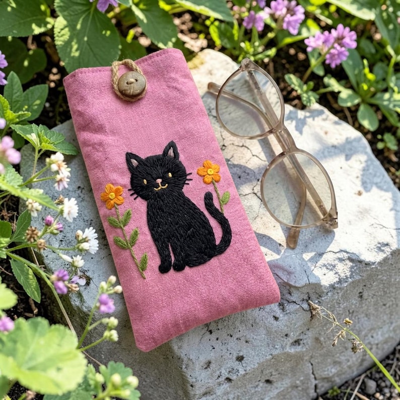 Cat Hand-Embroidered Glasses Case – Handmade Eyeglass Pouch with Cute Kitty Designs – Padded & Shockproof Eyewear Sleeve Gift for Cat Lovers image 4
