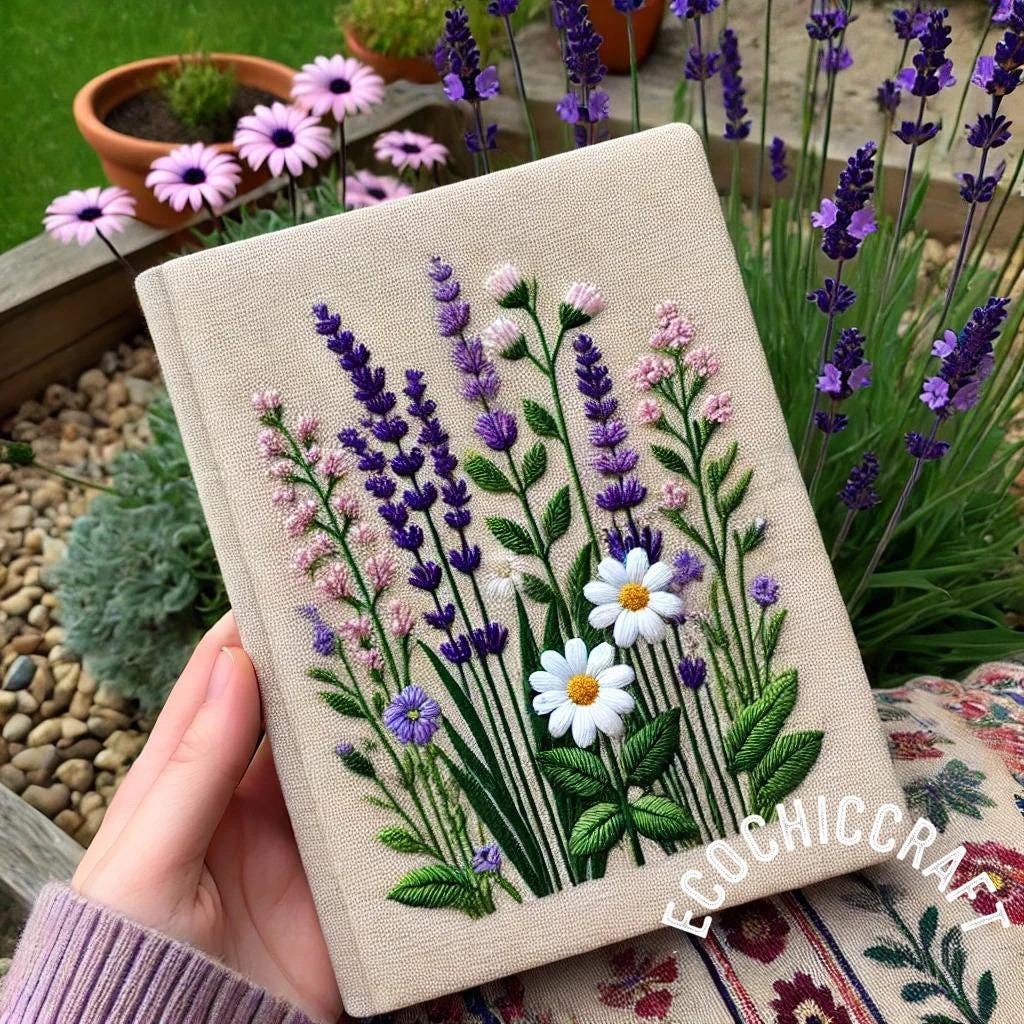 Custom Hand Embroidered Fabric Notebook - Personalized Journal with Daisy, Reedgrass, Wildflowers, Lavender | Handmade Hardcover Diary Gift