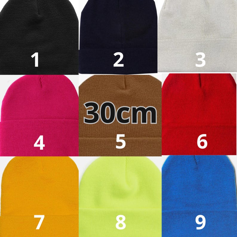 May include: Nine beanies in various colors are displayed. The colors include black, navy, off-white, fuchsia, brown, red, yellow, neon green, and blue. The brown beanie has the text "30cm" on it.