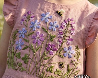 Colorful Wildflower Garden with Bee & Butterfly Hand Embroidered Girls Dress, Soft Linen Toddler Birthday Outfit, Custom Boho Kids Clothing