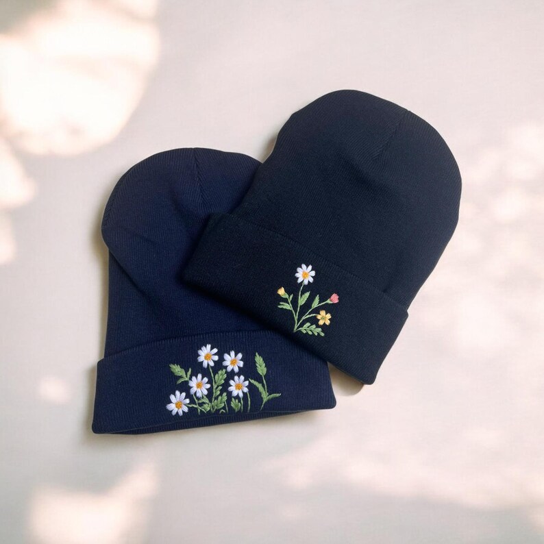 Handmade Floral Embroidered Beanie - Custom Color Daisy Rose Sunflower Wildflower Wool Headwear, Christmas gift, Boho Women Winter Hat image 15