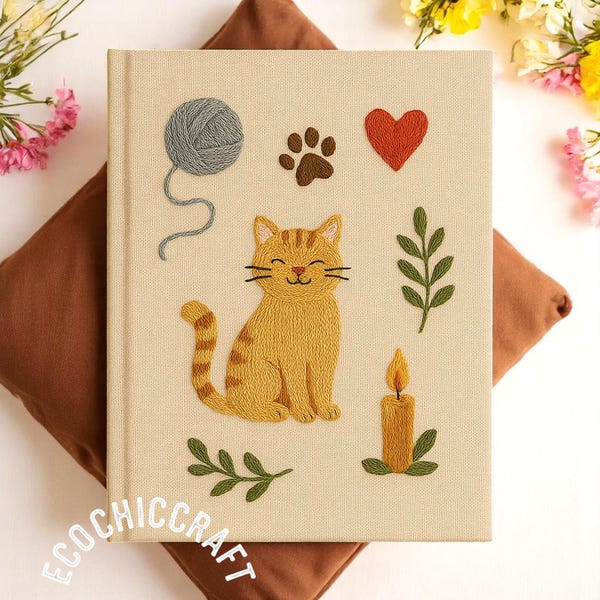 Diario bordado de gato y lana - Cuaderno A5 personalizado, regalo personalizado para amantes de los gatos, libro de firmas para bodas, diario hecho a mano con una bonita portada bordada.