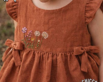 Rust Linen Embroidered Dress, Wildflower Toddler Dress, Baby Girl Birthday Outfit, Handmade Linen Kids Dress, Minimal Floral Dress