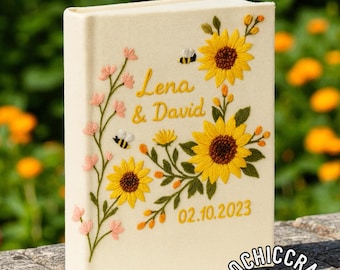 Álbum de fotos bordado con girasoles, rosas y margaritas, regalo de boda bordado, libro de recuerdos hecho a mano, recuerdo fotográfico floral personalizado para amigos.