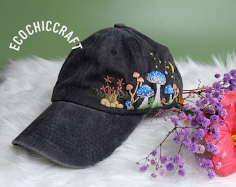 Hand Embroidered Baseball Cap - Mushroom & Wildflower Aesthetic, Moonlit Nature Hat, Cottagecore Gift, Custom Name, Boho Forest Cap