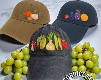 Personalized Veggie Hat – Hand-Embroidered Fruits & Vegetables Baseball Cap, Nature Lover Gift, Garden Inspired Dad Hat, Handmade Farm Cap