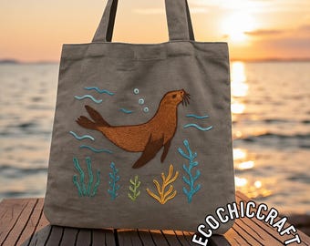 Animal Embroidery Tote Bag, Sea Life Embroidered Tote Bag, Handmade Ocean Animal Canvas Bag with Fish Turtle Whale, Eco Beach Shopper Gift