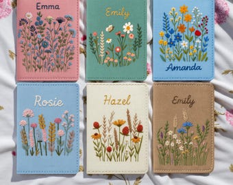 Funda de pasaporte bordada a mano con bordado de flores de jardín, cartera de viaje vintage con diseño floral, porta pasaporte hecho a mano, regalo de San Valentín.