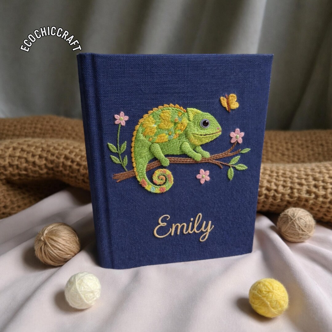 Embroidered Chameleon Notebook, Colorful Linen Journal, Cute Reptile ...