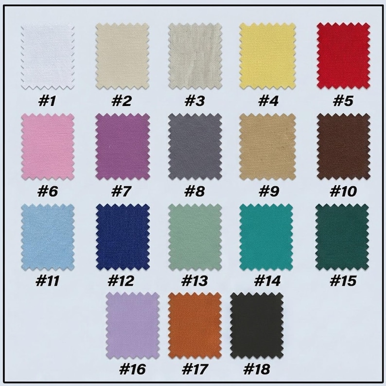 Puede incluir: Una cuadr&iacute;cula de dieciocho muestras de tela cuadradas con bordes dentados, cada una etiquetada con un n&uacute;mero del 1 al 18. Los colores incluyen blanco, beige, gris claro, amarillo, rojo, rosa, morado, gris oscuro, tostado, marr&oacute;n, azul claro, marino, salvia, verde azulado, verde oscuro, lavanda, naranja y negro.