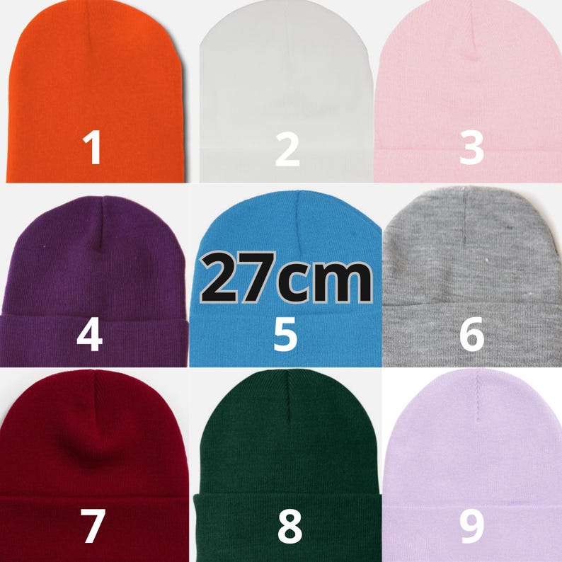 May include: Nine beanies in various colors are displayed. The colors include orange, white, pink, purple, blue with "27cm" text, gray, burgundy, dark green, and lavender. Each beanie is numbered from 1 to 9.