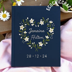 Custom Embroidered Wedding Guest Book with White Floral Design, Personalized Linen Journal with Names & Date, Elegant Hand Embroidery