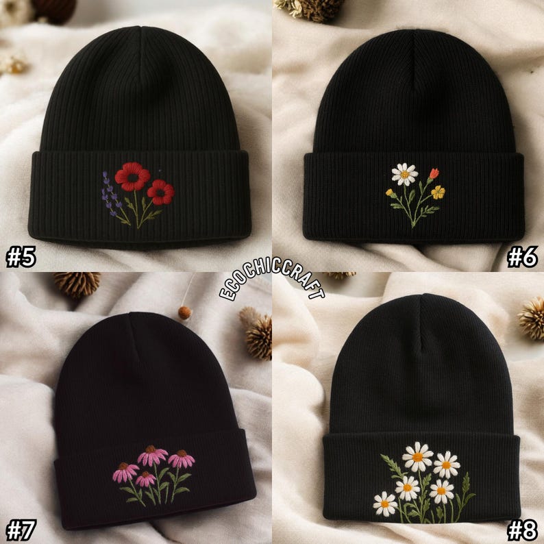 May include: Four black beanies with embroidered floral designs. One beanie features red poppies and lavender, another has daisies and yellow flowers, a third displays pink coneflowers, and the last one shows white daisies.