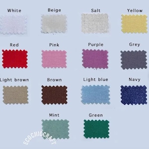 Puede incluir: Una carta de colores con muestras de tela en varios colores, incluyendo blanco, beige, sal, amarillo, rojo, rosa, morado, gris, marr&oacute;n claro, marr&oacute;n, azul claro, marino, menta y verde. Cada muestra est&aacute; etiquetada con su nombre de color.