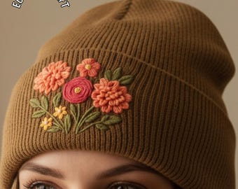 Hand Embroidered Beanie, Roses Embroidered Beanie, Flower Beanie
