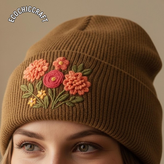 Handmade Floral Embroidered Beanie - Custom Color Daisy Rose Sunflower Wildflower Wool Headwear, Christmas gift, Boho Women Winter Hat