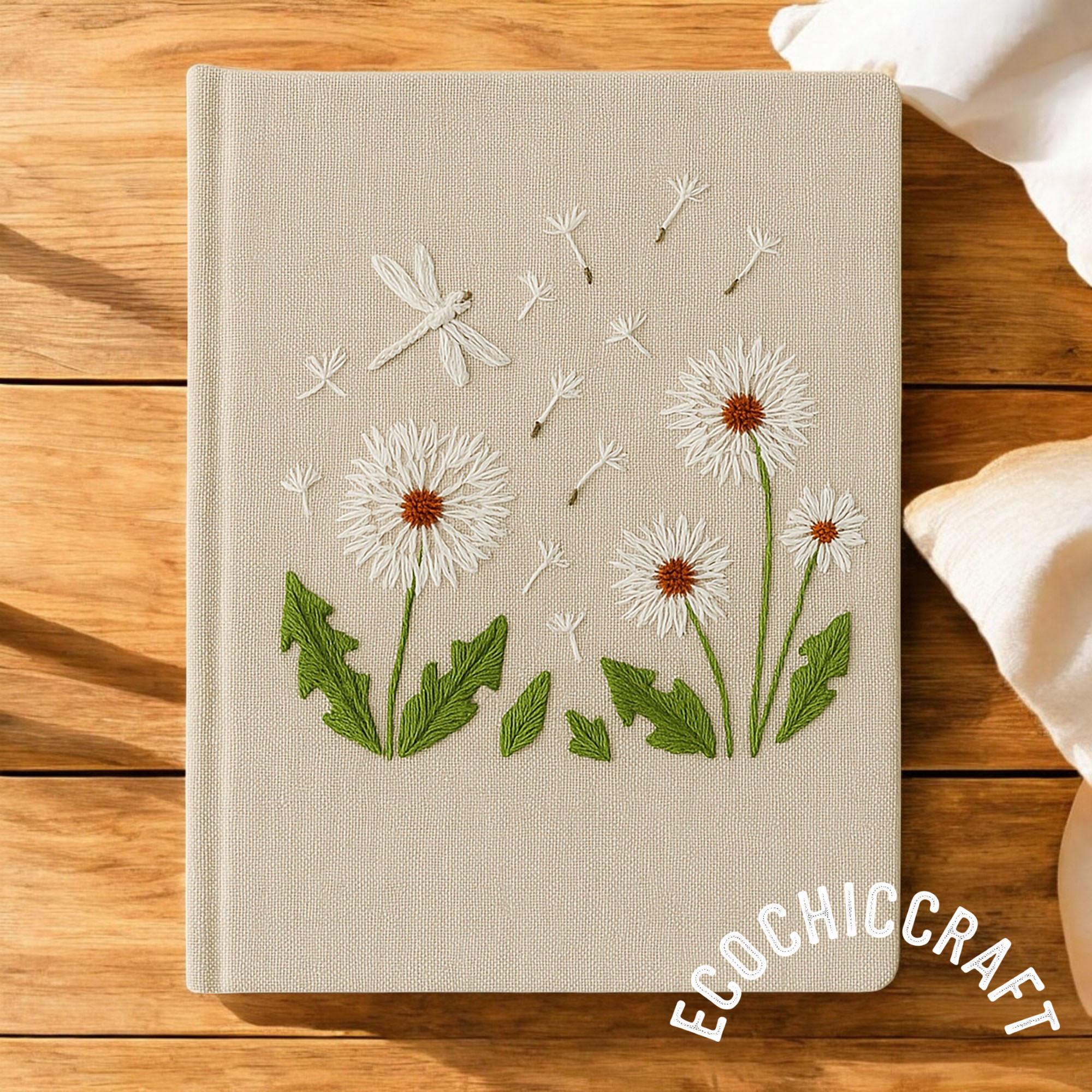 Hand Embroidered Notebook Dandelion Blowball with Dragonfly – Personalized A5 Journal, Custom Gift for Her, Boho Sketchbook, Kraft Cover