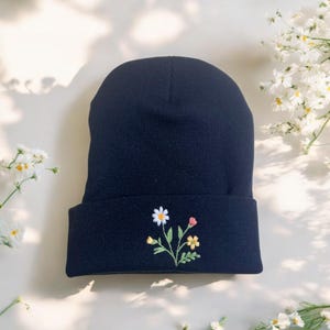 Handmade Floral Embroidered Beanie - Custom Color Daisy Rose Sunflower Wildflower Wool Headwear, Christmas gift, Boho Women Winter Hat image 13