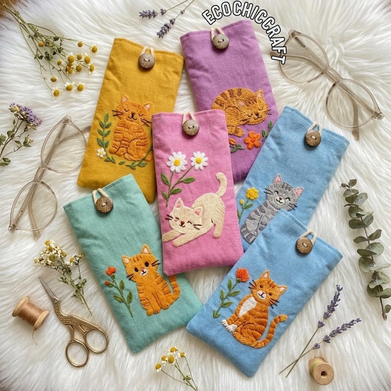 Cat Hand-Embroidered Glasses Case – Handmade Eyeglass Pouch with Cute Kitty Designs – Padded & Shockproof Eyewear Sleeve Gift for Cat Lovers image 3