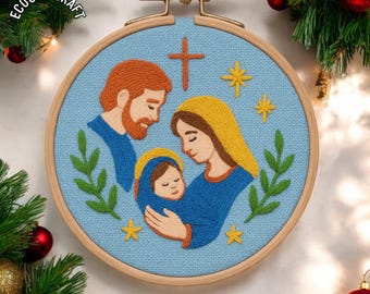Embroidered Jesus Design, Nativity Hoop, Christian Christmas Decoration, Holy Family Ornament, Religious Tree Decor, Faith Gift, Xmas Bauble
