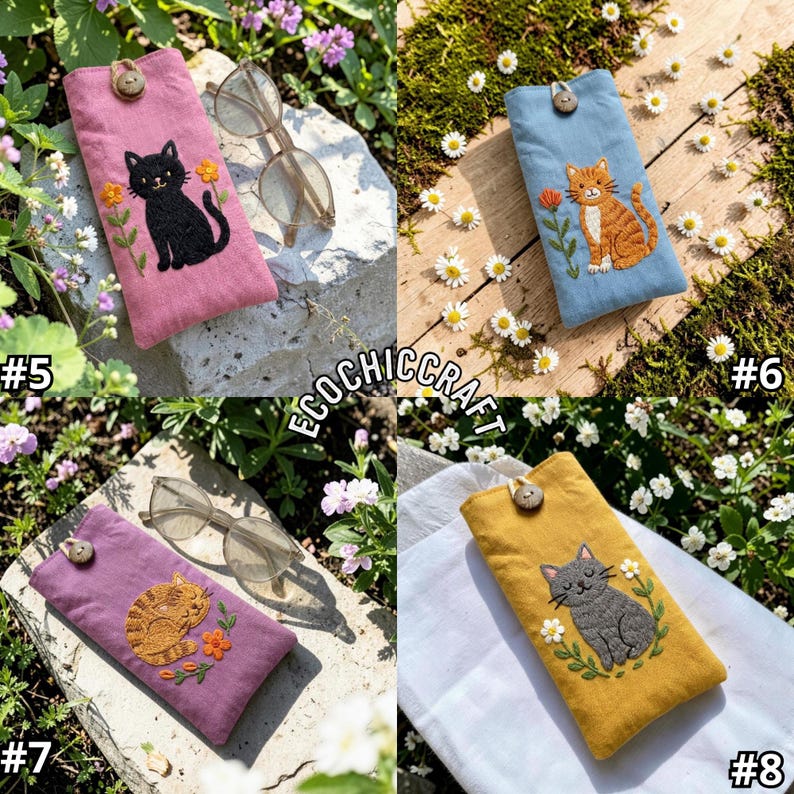 May include: Four rectangular fabric eyeglass cases featuring embroidered cat designs and a single button closure. The cases are pink, blue, purple, and yellow, each decorated with stitched flowers and a cat. The text ECOCHICCRAFT is visible.