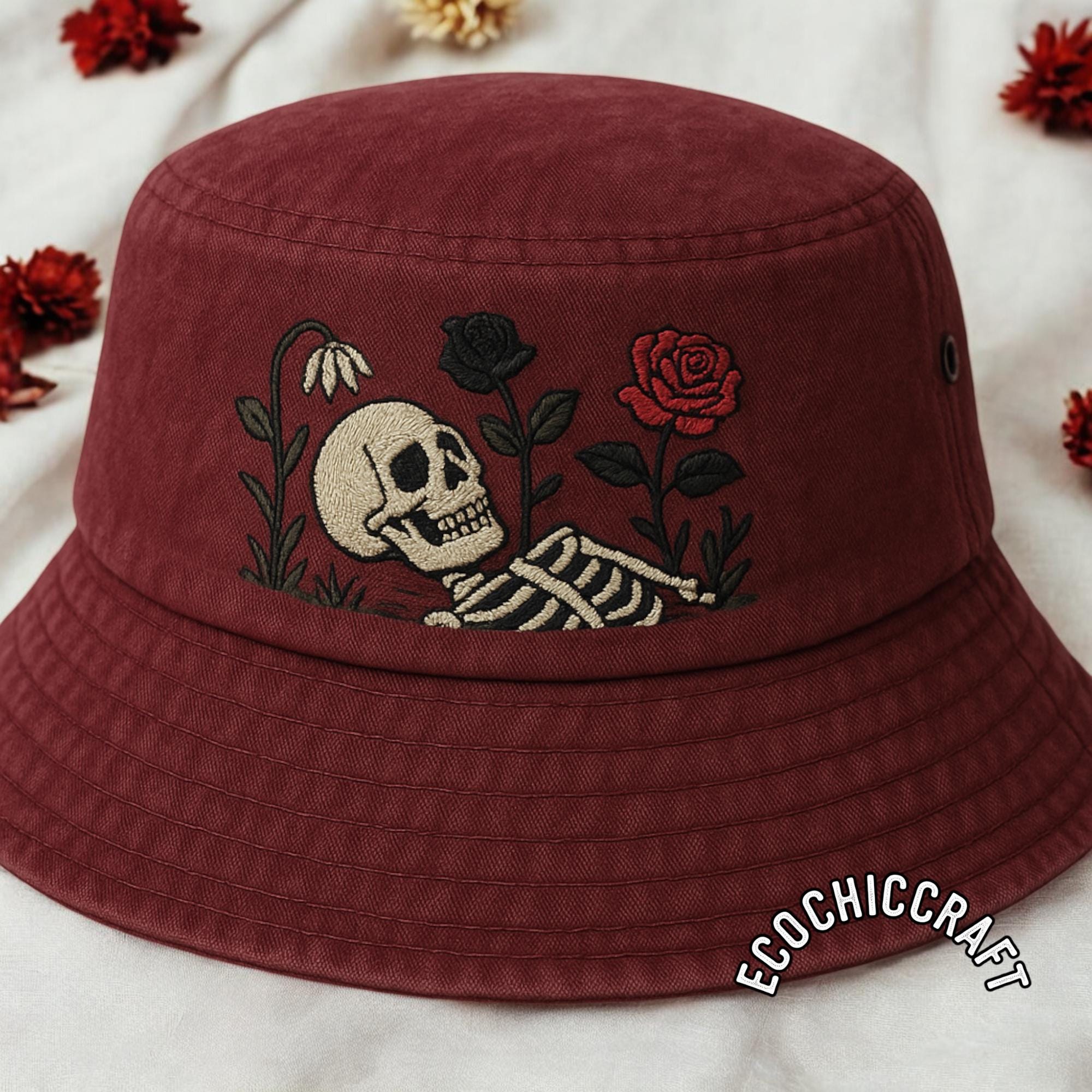 Gothic Sun Hat - Hand Painted Butterly Rose Black & Red (Damage Discount) Red Goth Sun & Moon Skull Studded Sun Hat – Freebird Revolution main image 2
