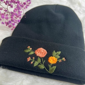 Handmade Floral Embroidered Beanie - Custom Color Daisy Rose Sunflower Wildflower Wool Headwear, Christmas gift, Boho Women Winter Hat image 3