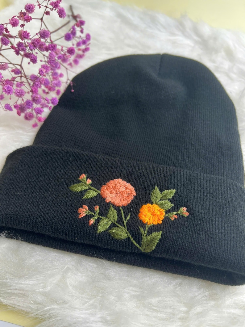 Handmade Floral Embroidered Beanie - Custom Color Daisy Rose Sunflower Wildflower Wool Headwear, Christmas gift, Boho Women Winter Hat image 3