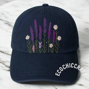Lavender and Daisy Flowers Embroidered Baseball Cap, Hand Stitched Floral Hat, Custom Aesthetic Cap, Gift for Her, Cute Summer Hat