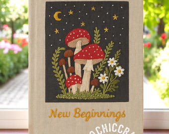 Hand Embroidered Mushroom Moon Notebook – A5 Fabric Journal, Cottagecore Sketchbook, Lunar Forest Gift, Nature Journal, Mystical Stationery
